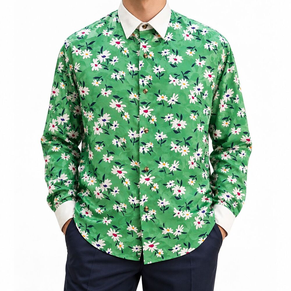 Mens Large Green Floral Silky Satin Long Sleeve Dress Shirt Contrast Collar NWT